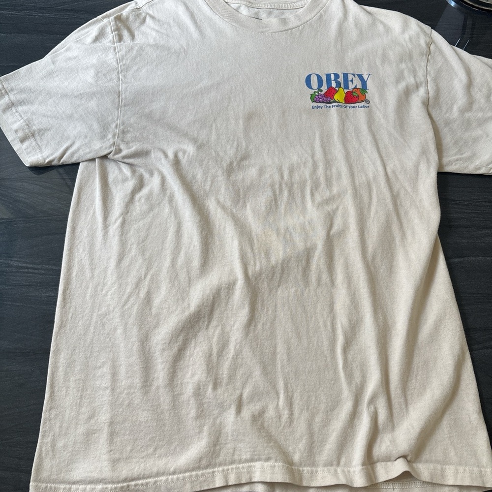 Obey Cream Short Sleeve Tee with Graphic Design